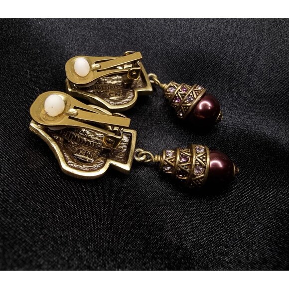 HEIDI DAUS®  Heidi Daus Gold-Tone Clip Earrings With Burgundy Faux Pearl Drops & Crystal Acce